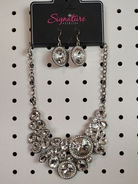 Paparazzi Signature Silver Crystal Statement Necklace & Earrings